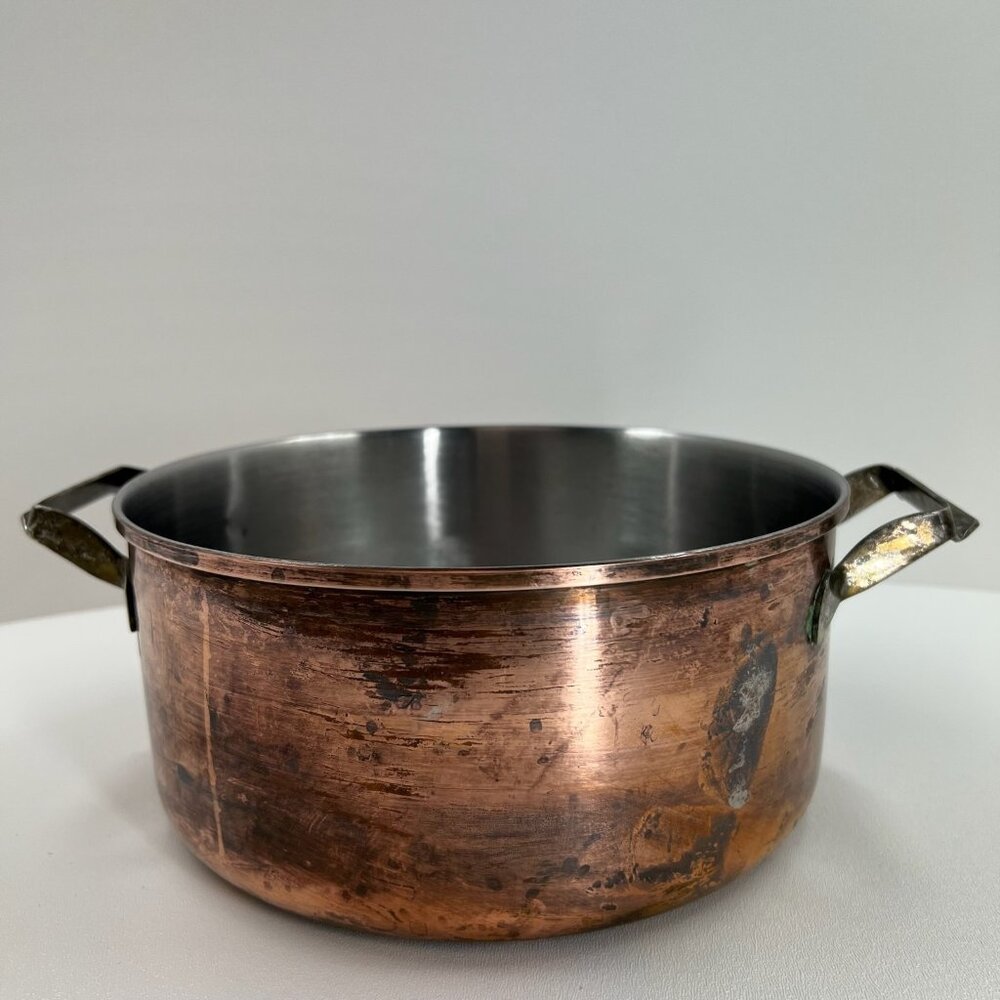 Vintage Copper Pot Stainless Steel Lined 9" Casserole Dual Brass Handles